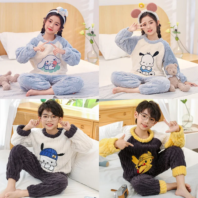 

Новинка, зимняя Пижама Sanrios Kuromi Cinnamoroll Melody, детская Фланелевая пижама, милая плюшевая Пижама для мальчиков и девочек, Осень-зима