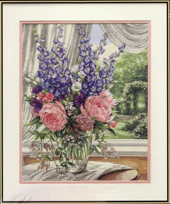 Peonie E Delphinium Vaso Bouquet Fiore Punto Croce Kit 16C 14Ct Tela Bianca Ricamo Fai Da Te Ago Fatto A Mano Decorazioni Per La Casa