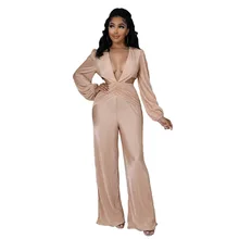 

Women's Jumpsuit Sexy V-Neck Show Waist Casual Solid Color Pleated Long Sleeve Autumn Spring New Fashion 2022 Female Clothing