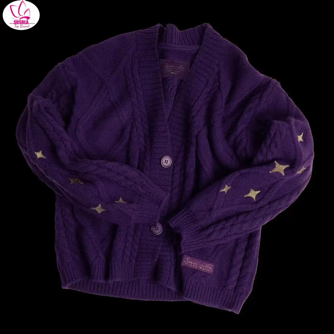 

SUSOLA Winter Women Star Embroidered Cardigan Lor Knitted Sweater Swif T Beige Cardigan Tops Fall Speak Style Purple Cardigan