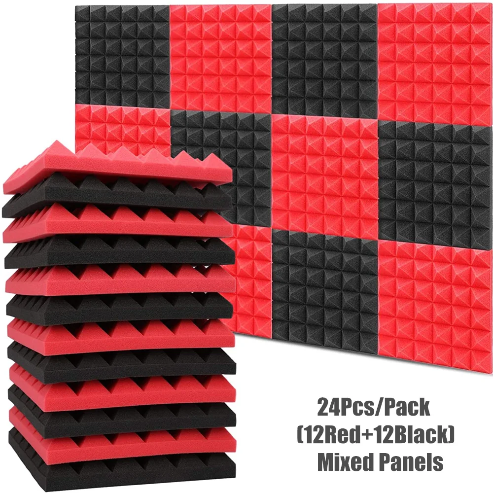 

12Pcs Red+12Pcs Black Mixed Pyramid Studio Foam 30x30x5cm Acoustic Foam Panels KTV Drun Room Wall Soundproof Foam Pad with Tapes