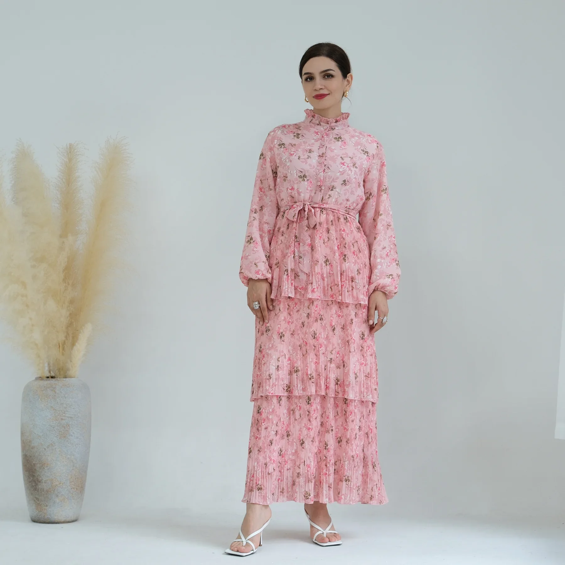 Chiffon Abaya Dubai Long Dress Muslim Islamic Floral Printed African Dresses for Women Modest Outfit Kaftan Robe Femme Musulmane