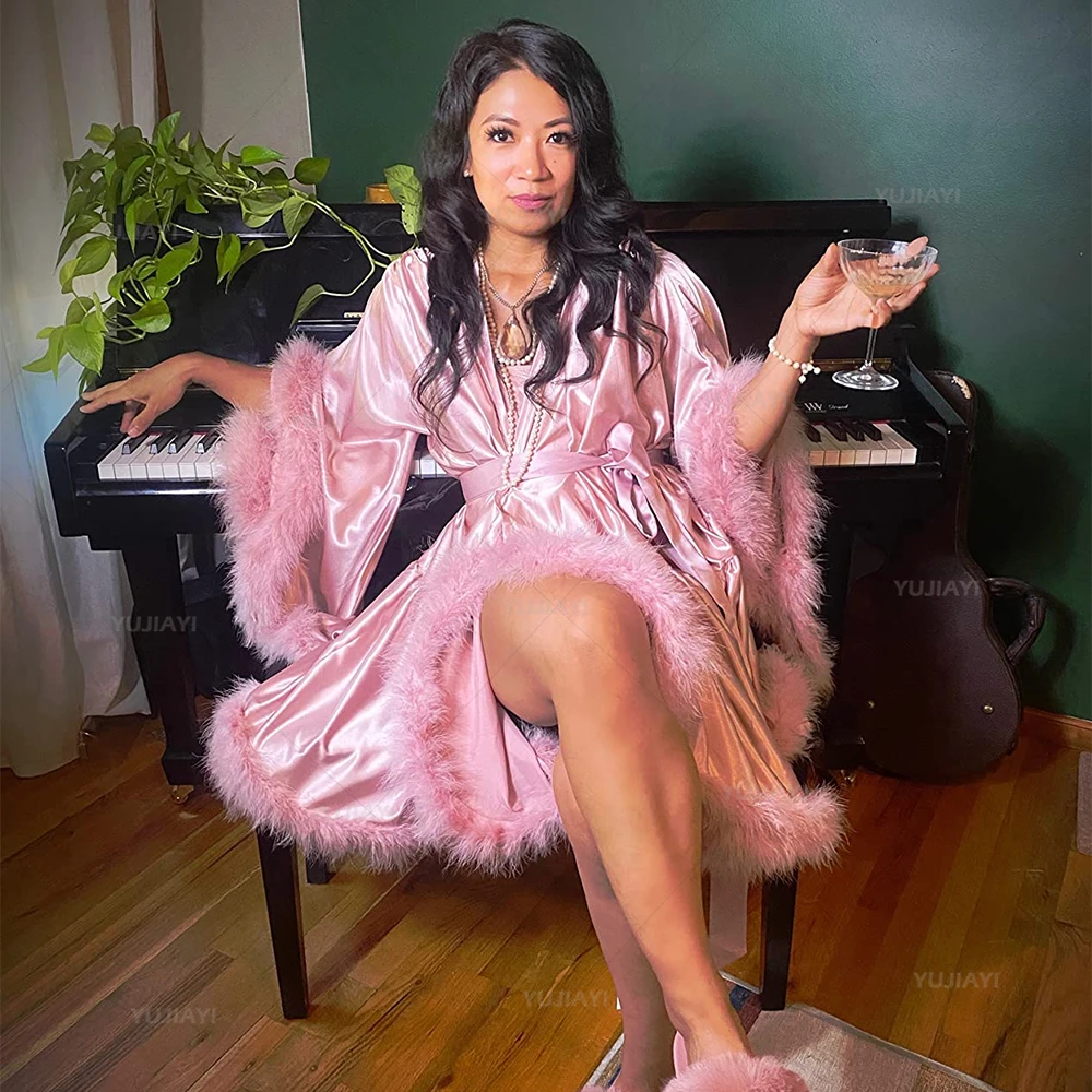 Maternity Robe Lingerie Flare Sleeves Silk Satin Bathrobe Short Sexy Feather Wedding Women Nightgown Gown Sleepwear Dress