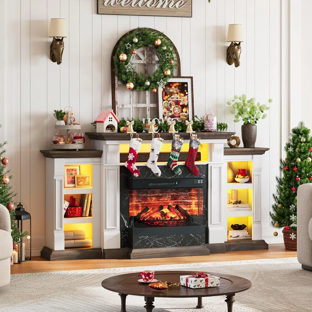 44" Electric Fireplace Mantel with LED Farmhouse TV Stand, Remote Control & Realistic 3D Flame for Living Room