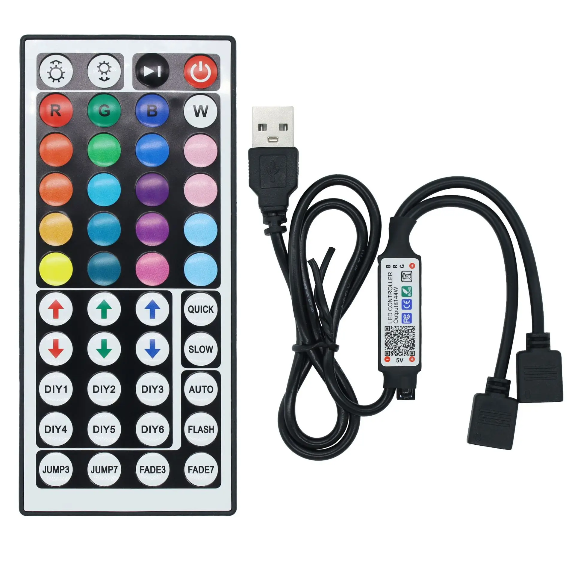 Wireless Bluetooth LED Strip Light Controller with 44-Key Remote and Dual Outputs