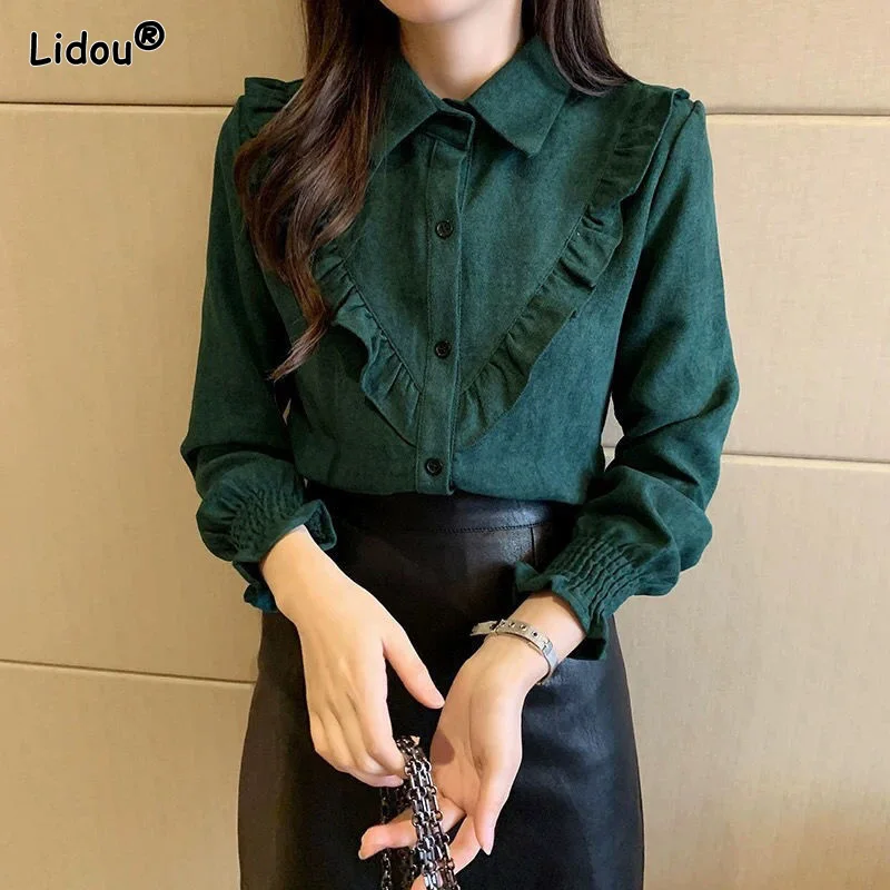 Solid Thin Sweet Blouses Ruffles Patchwork Button Turn-down Collar Pleated Vintage Temperament Autumn Winter  Women's Clothing temperament skinny solid notched pleated button elegant blazers graceful intellectual women s clothing 2022 thin autumn winter