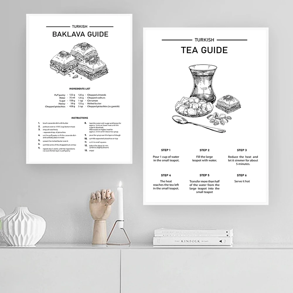 Caffè Tè Baklava Guida Poster Art Print Nordic Canvas Painting Modern Black White Wall Picture For Living Room Kitchen Decor