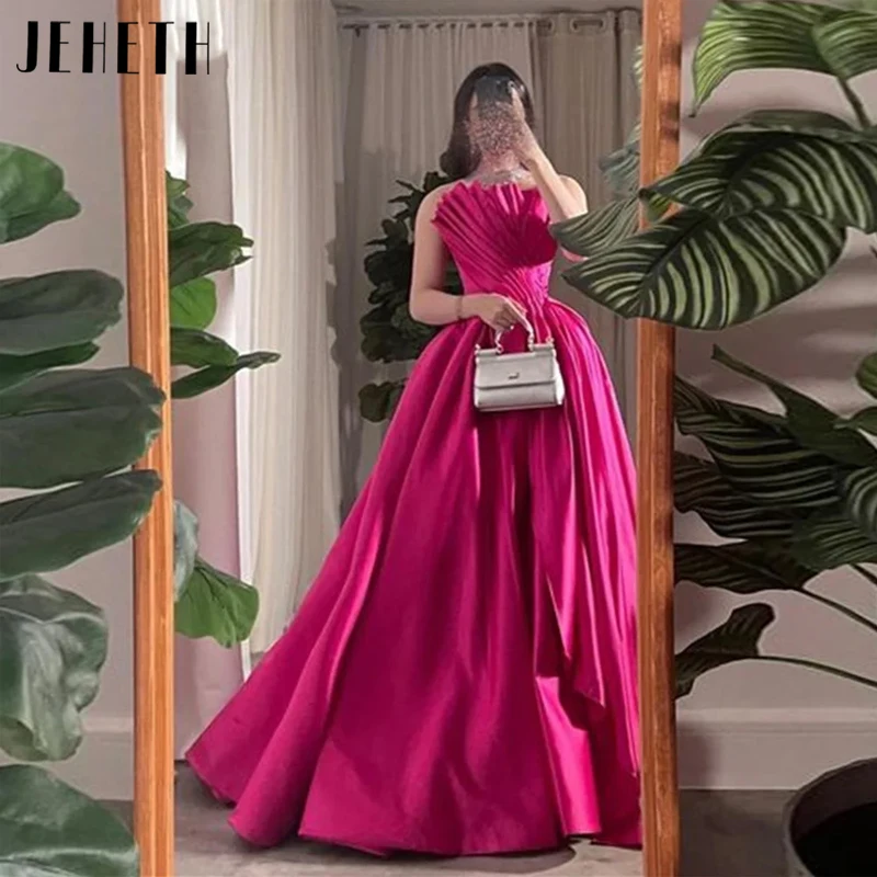 

JEHETH Rose Pink Satin Strapless Evening Dresses Vintage A-line Pleat Prom Gowns Sleeveless Party فساتين مناسبة رسمية Backless