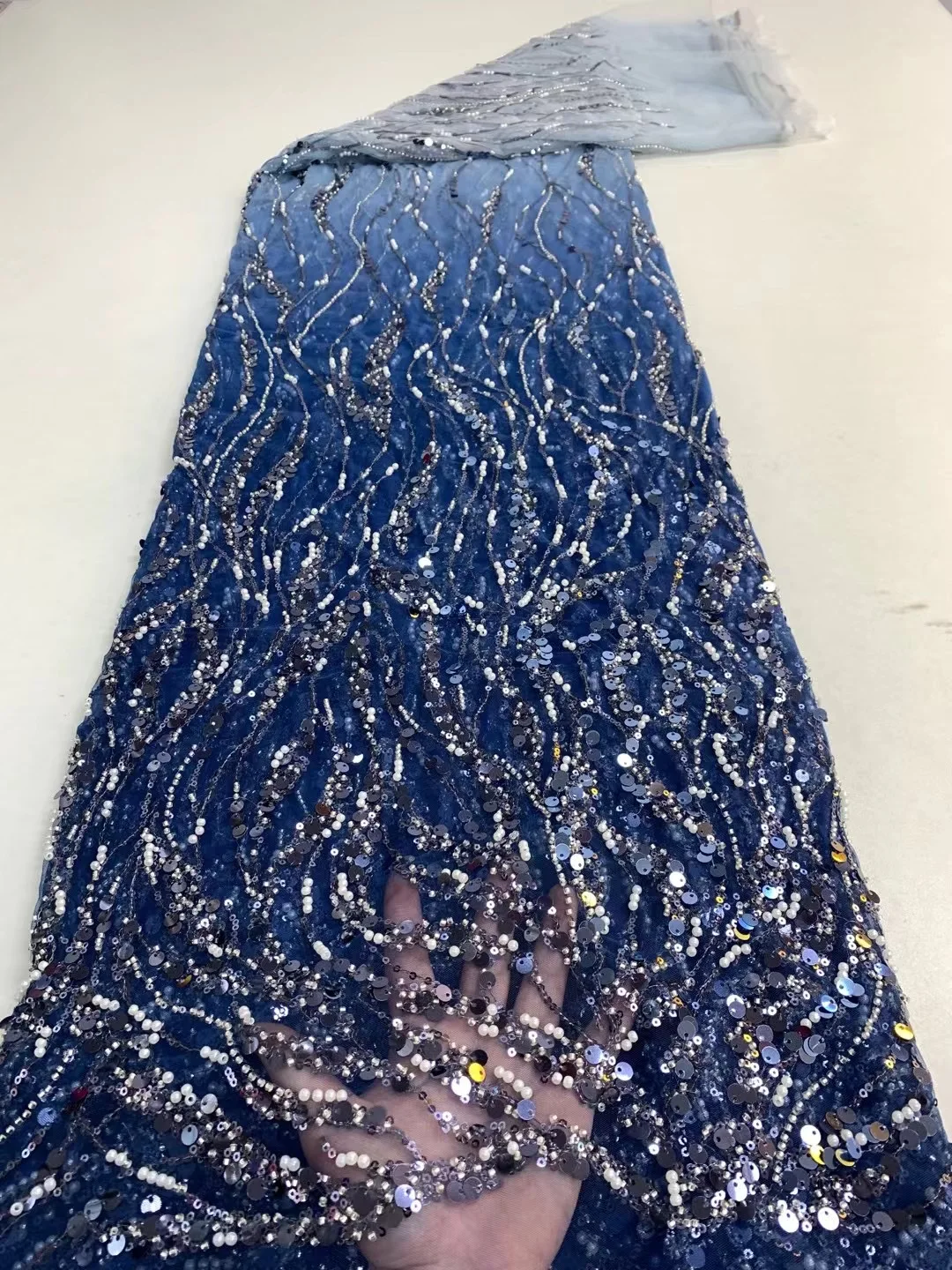 Latest Luxury Sequins Tulle Lace African Handmade Beaded Lace French 2022 High Quality Fabric Nigeria Bride Wedding Dress Sew