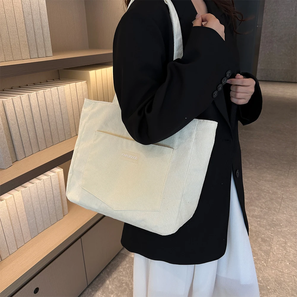 Cord Umhängetasche für Frauen einfache einfarbige Handtasche große Kapazität Einkaufstasche Einkaufstasche mit Taschen fach – Detail 8