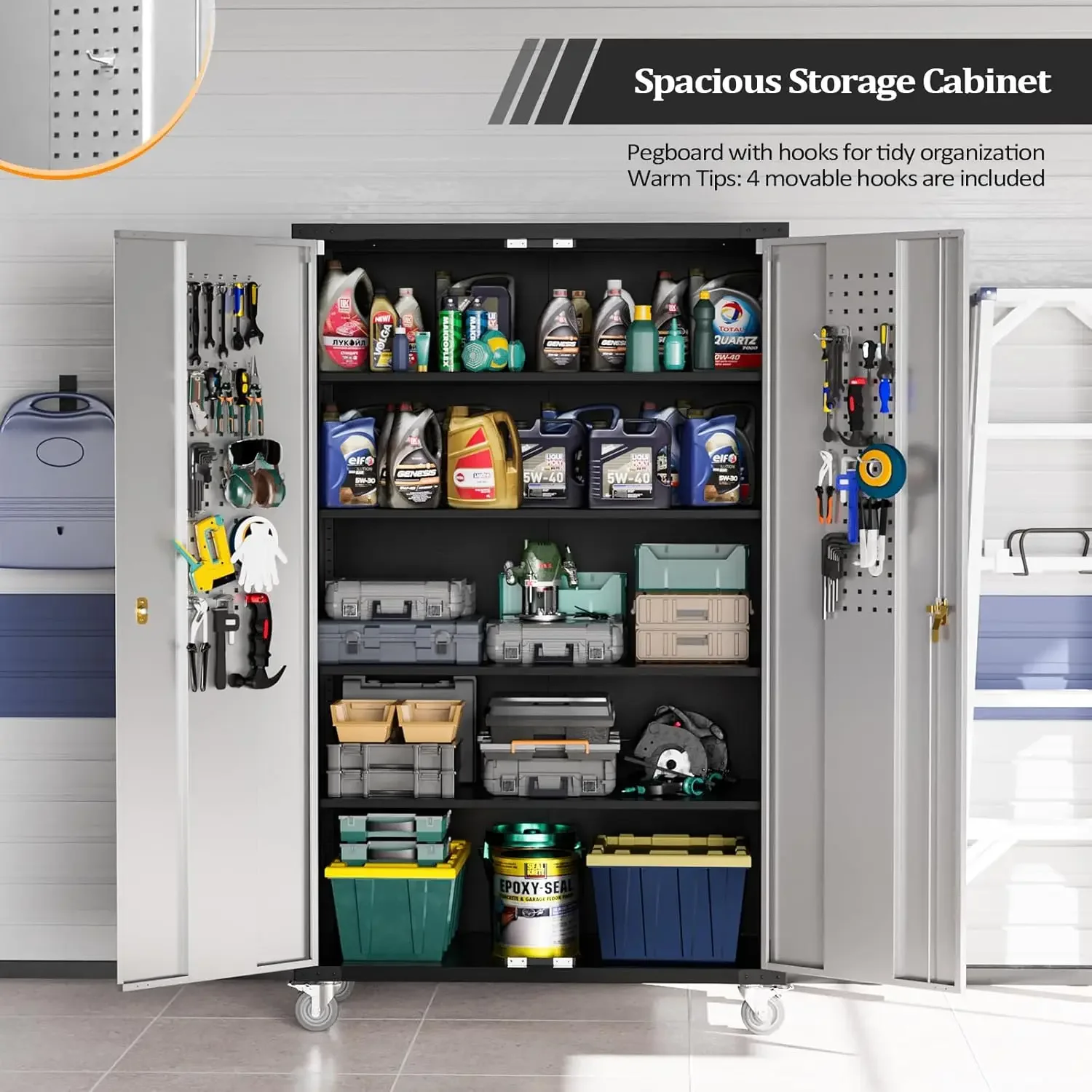 Upgraded Wide & Deep Garage Storage Cabinet Metal Storage Cabinet with Pegboards Wheels Locking Doors and Adjustable Shelves