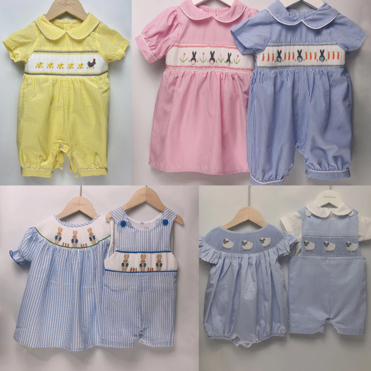 

2023 New Summer Boys Girls Short Sleeves 100%Handmade Smoking Clothing Stripe Pure Cotton Rabbit Chick Embroidered Cute Siblings