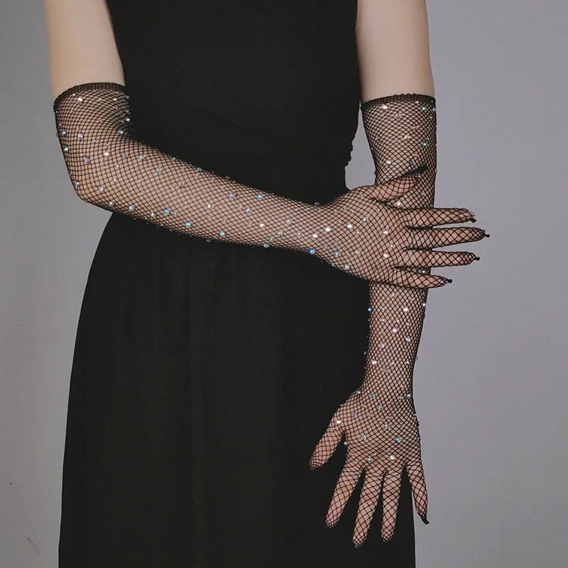 

Shiny Diamond Fishing Net Gloves Vintage Mesh High Elastic Mesh Colorful Oversleeve Diamond Gloves Electric Clothing Accessories