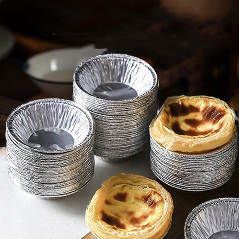 100pcs Disposable Tin Foil Egg Tart Molds Cupcake Pan Mould Disposable Tin Tart Plate Baking Round Base Set