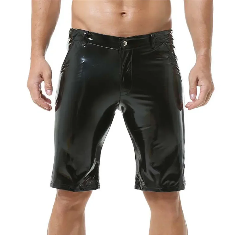 Men's Sexy Wet Look Leather Underwear Boxers Shorts Homme Black Faux Leather Shorts Underpants Boxers Stage Performance Costumes