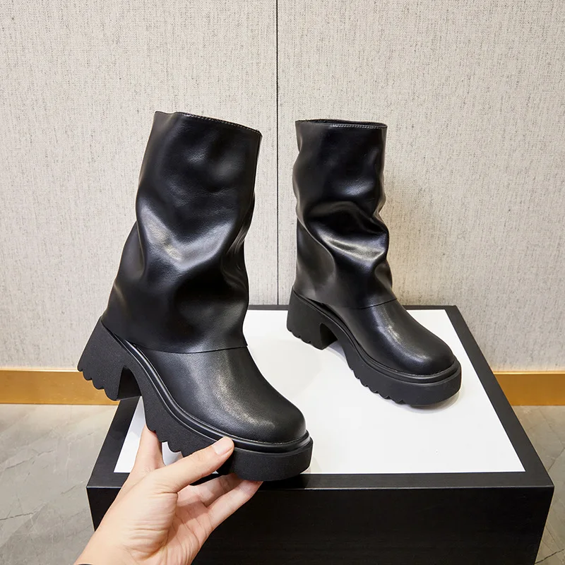 

Fashion Thick Soled Short Boots Women Autumn Winter 2024 New Waterproof Anti Slip Trend High Heels Black Walking Casual Shoes