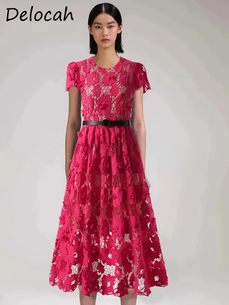 

Delocah High Quality Summer Women Fashion Designer Big Swing Solid Dress With Belt High Waist Short Sleeve Party Midi Dresses