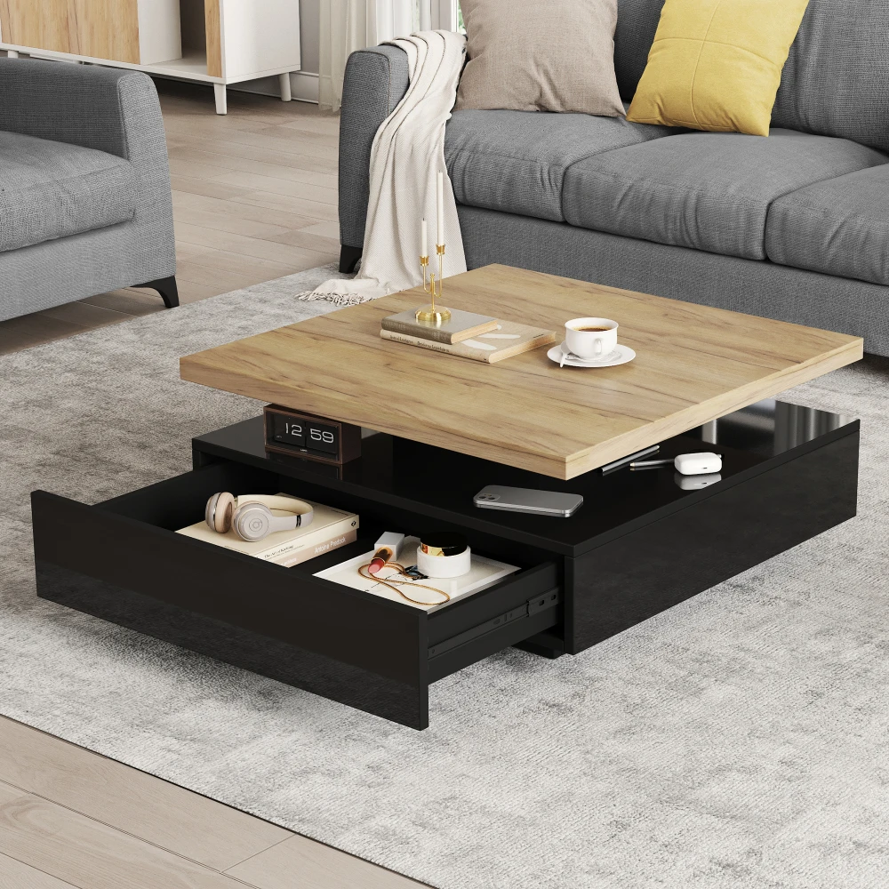 Multifunktionales Quadrat 360° ° Drehbarer Couchtisch, Hochglänzender 2-stufiger Mitteldrehtisch, Aufbewahrungsschrank, Beistelltisch für das Wohnzimmer – Detail 30