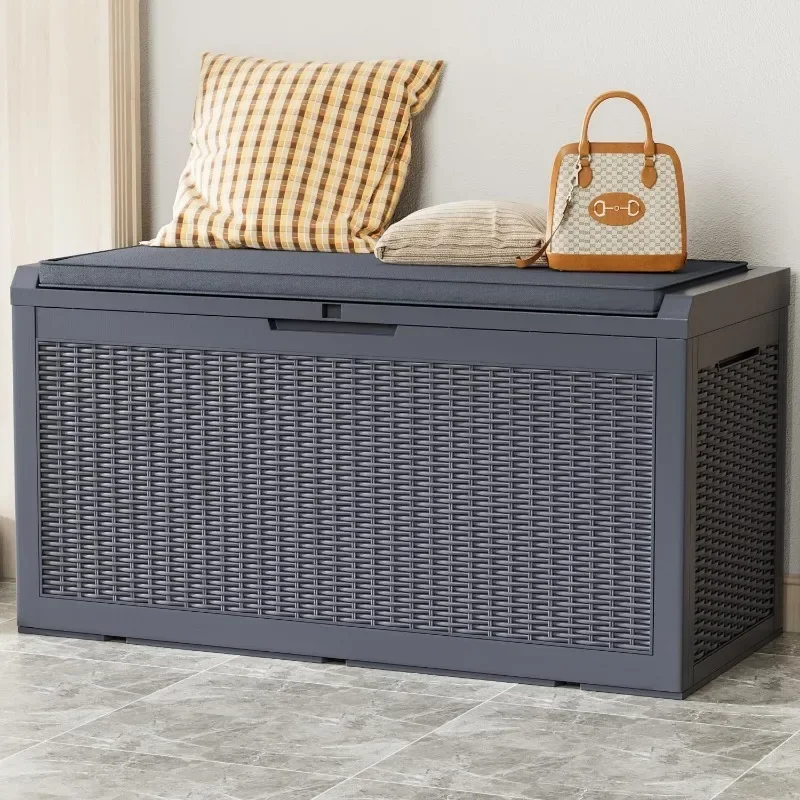 

Storage Chest Entryway Resin Shoe Bench with Soft Cushion Hydraulic Bracket Flip Lid Supports 450 lb