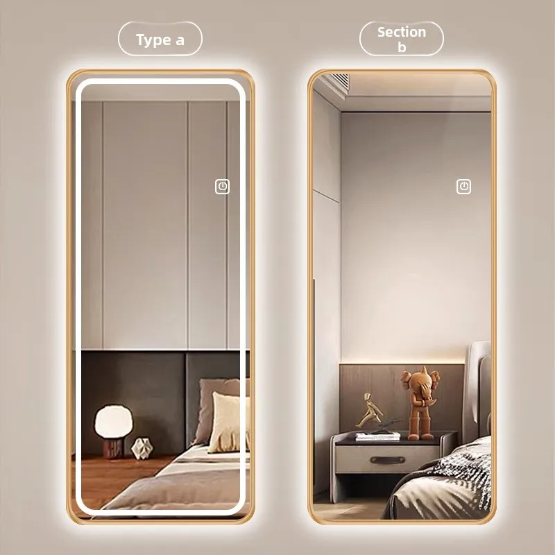 Square Full-length Mirror Full-body Mirror Smart LED Light Luminous Long with Metal Frame Plugged in Makeup Vanity