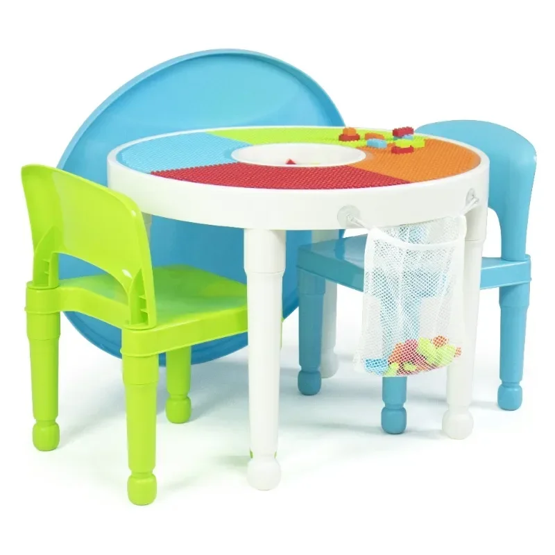 

Kids 2-in-1 Plastic Activity Table and 2 Chairs Set, Round, White, Blue & Green