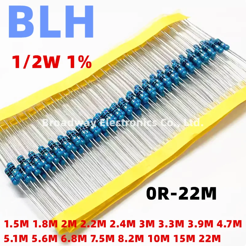 1/2W 1% Metal Film Resistor 0.5W 1.5M 1.8M 2M 2.2M 2.4M 3M 3.3M 3.9M 4.7M 5.1M 5.6M 6.8M 7.5M 8.2M 10M 15M 22M ohm 100PCS