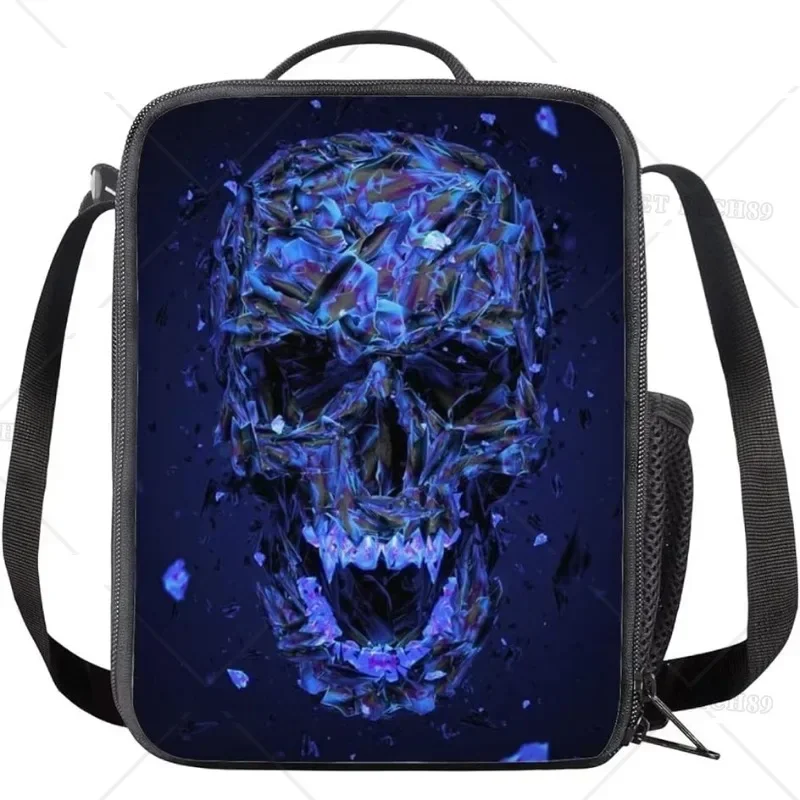 

Blue Crystal Skull Insulated Lunch Bag with Shoulder Strap and Pocket Reusable Portable Bento Lunch Box for Women Men Work Trip