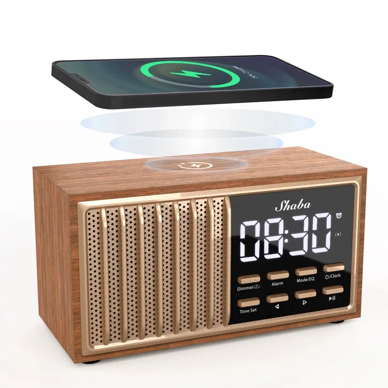 Mini Portable Woode Retro FM Radio Wireless Charger Bluetooth Speaker Handsfree Call Music Player Support Alarm Clock TF USB AUX