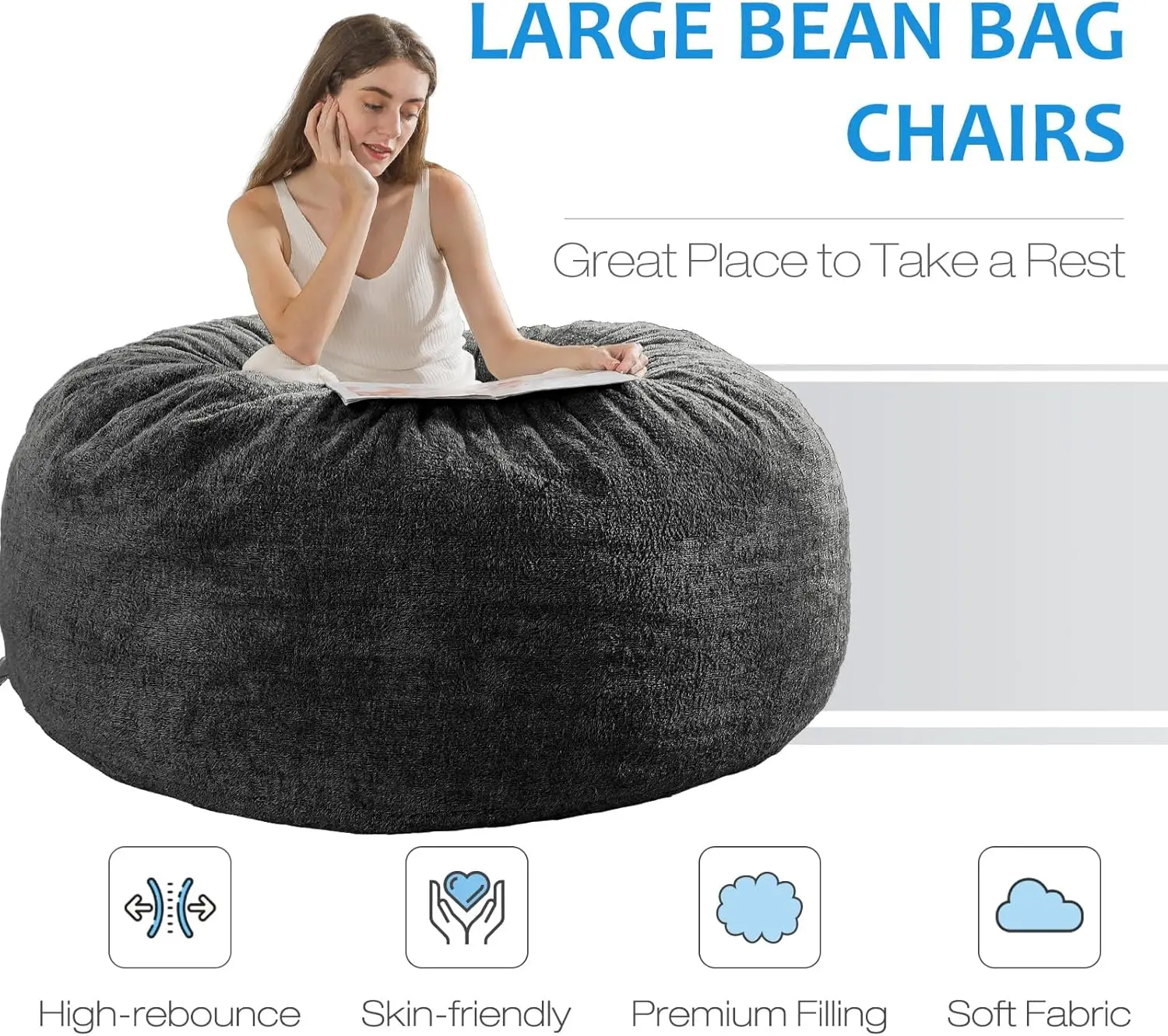 Cover] Large Bean Bag Chair: 4 ft Bean Bag Chairs for Adults/Kids with Filling,Ultra Soft Faux Fur Fabric,Memory Foam w