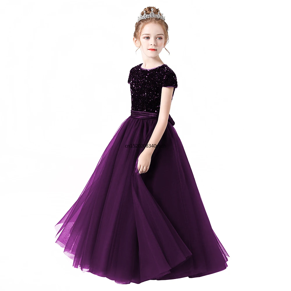 

Dideyttawl Sparkly Sequins Short Sleeves Flower Girl Dresses Tulle Kids Birthday Party Pageant Prom Gown Junior Bridesmaid