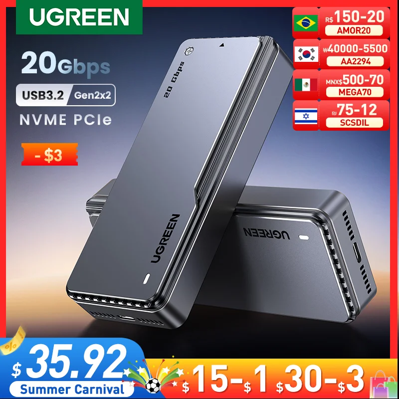 Ugreen-nvme Ssd Case com Colete de Resfriamento Embutido Gabinete de Alumínio M.2 a Usb3.2 Gen2x2 Adaptador Ssd para M.2 Nvme Pcie 20gbps