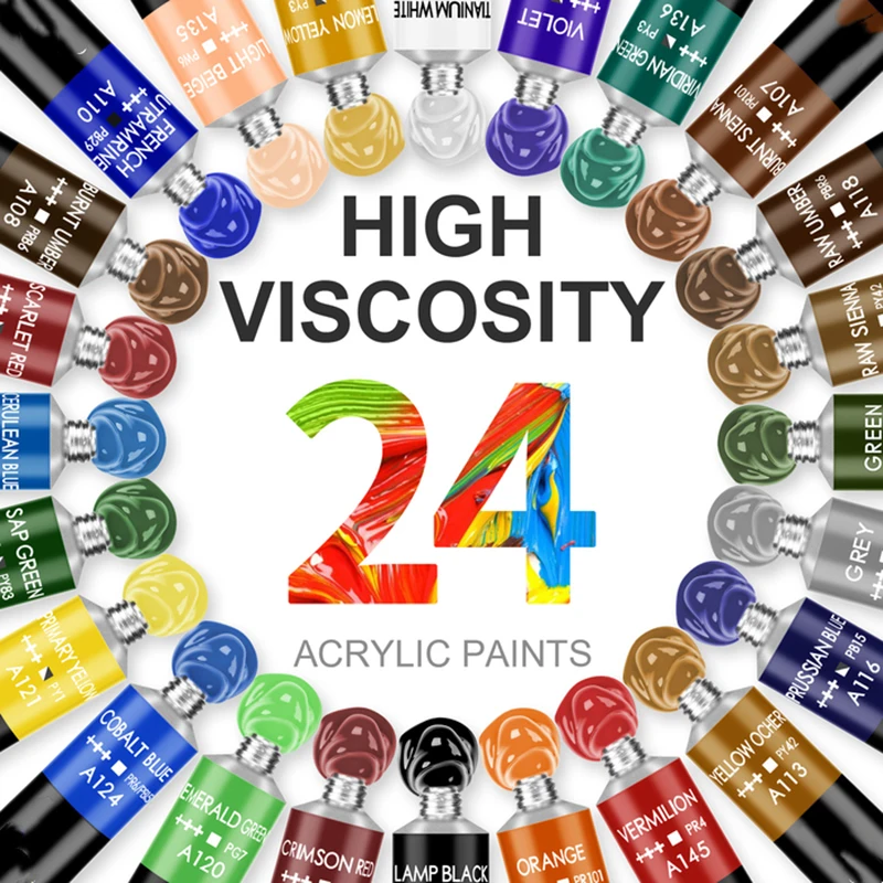 Acrylic Paints 12 24 Colors Professional Set 12ml Tubes Artist Drawing Gouache Fabric Glass Oil Water Color Paint