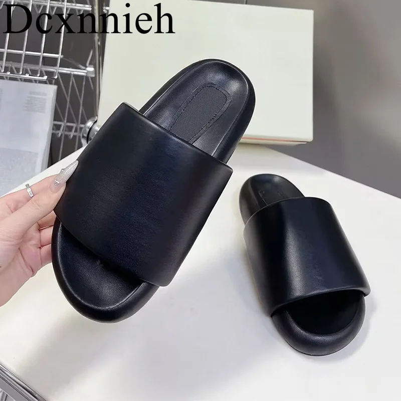 

Женские круглые шлепанцы, натуральная кожа, плоская подошва, однотонные, Повседневные тапочки, летние модные Тапочки