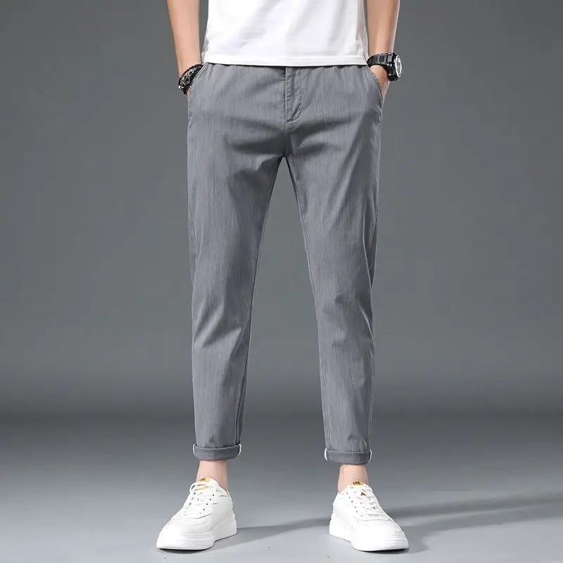 Summer New Fashion Casual Ice Silk Simple Versatile Straight Pants Men Solid Button Zipper Pockets Slim Loose Casual Trouser