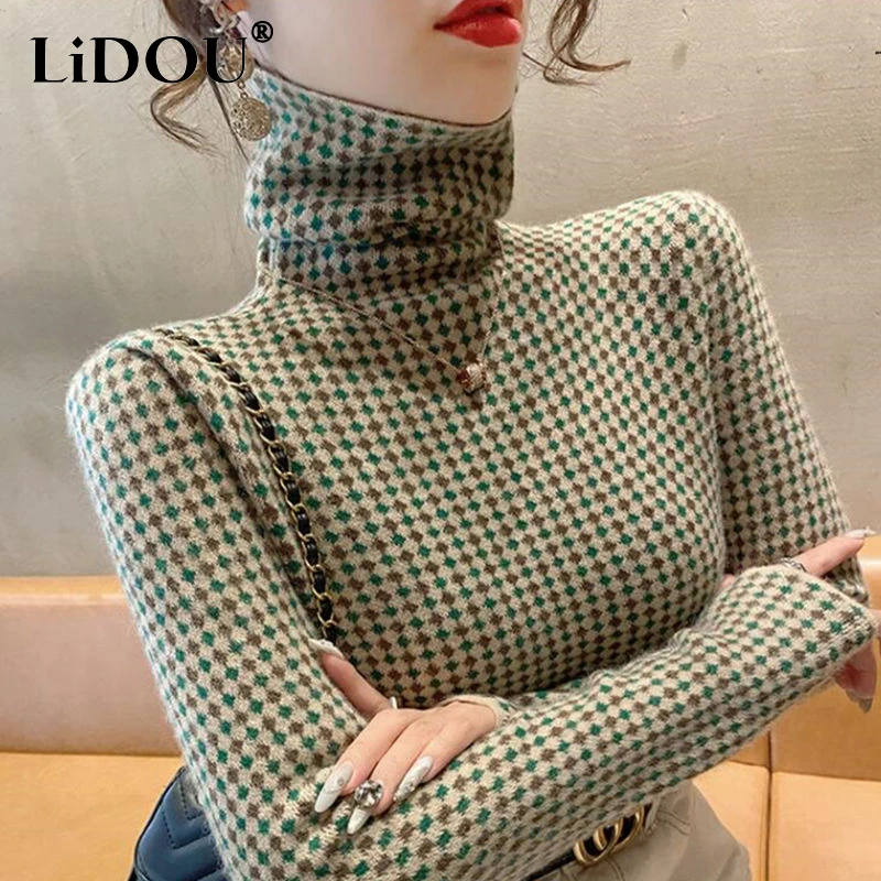 

Winter New High Collar Plaid Print Two-sided Velvet T-shirt Female Long Sleeve Slim Bottoming Pullover Top Women Warm Thick Tee