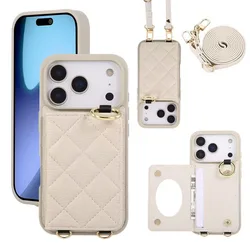 Elegant Leather Crossbody Wallet with Card Holder and Lanyard Wrist Strap - iPhone 13 (White)