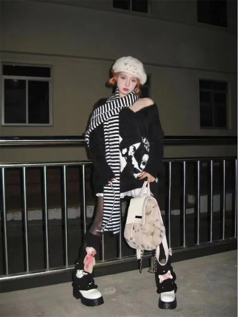 Black Gothic Skull Sweater Cyber Y2k Grunge Fairy Core