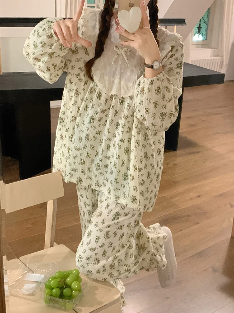 Lace Soft Floral Girlish Style Spring Sweet Long Sleeve NightDress Printing Flowers Elegant Casual Pajama Set Princess Sleepwear