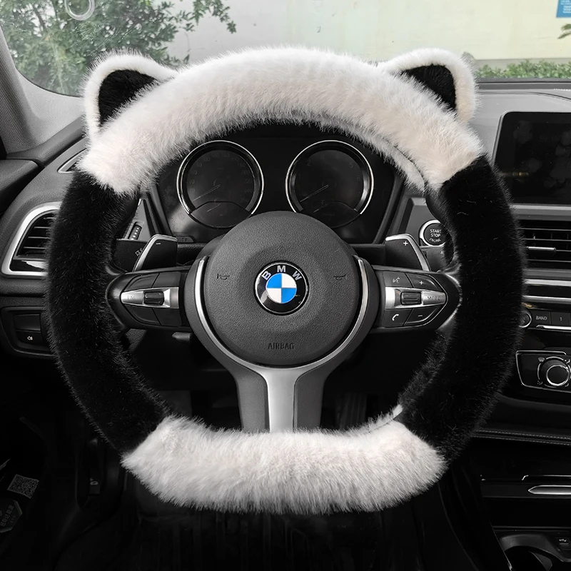 겨울 봉제 부드러운 짧은 머리 자동차 핸들 커버, 고밀도 귀여운 장식 핸들, 미끄럼 방지 보호 커버 