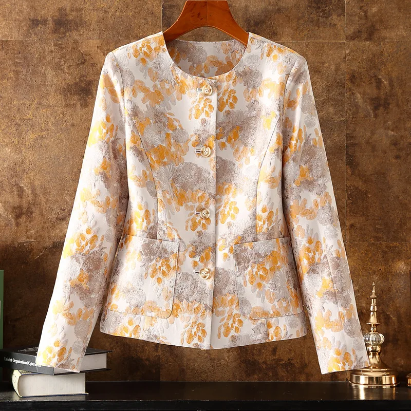 

2023 New Elegant Jacquard O-Neck Short Jacket Cardigan Short Top Women's Suit Fashion Flower Femal Dress Beige