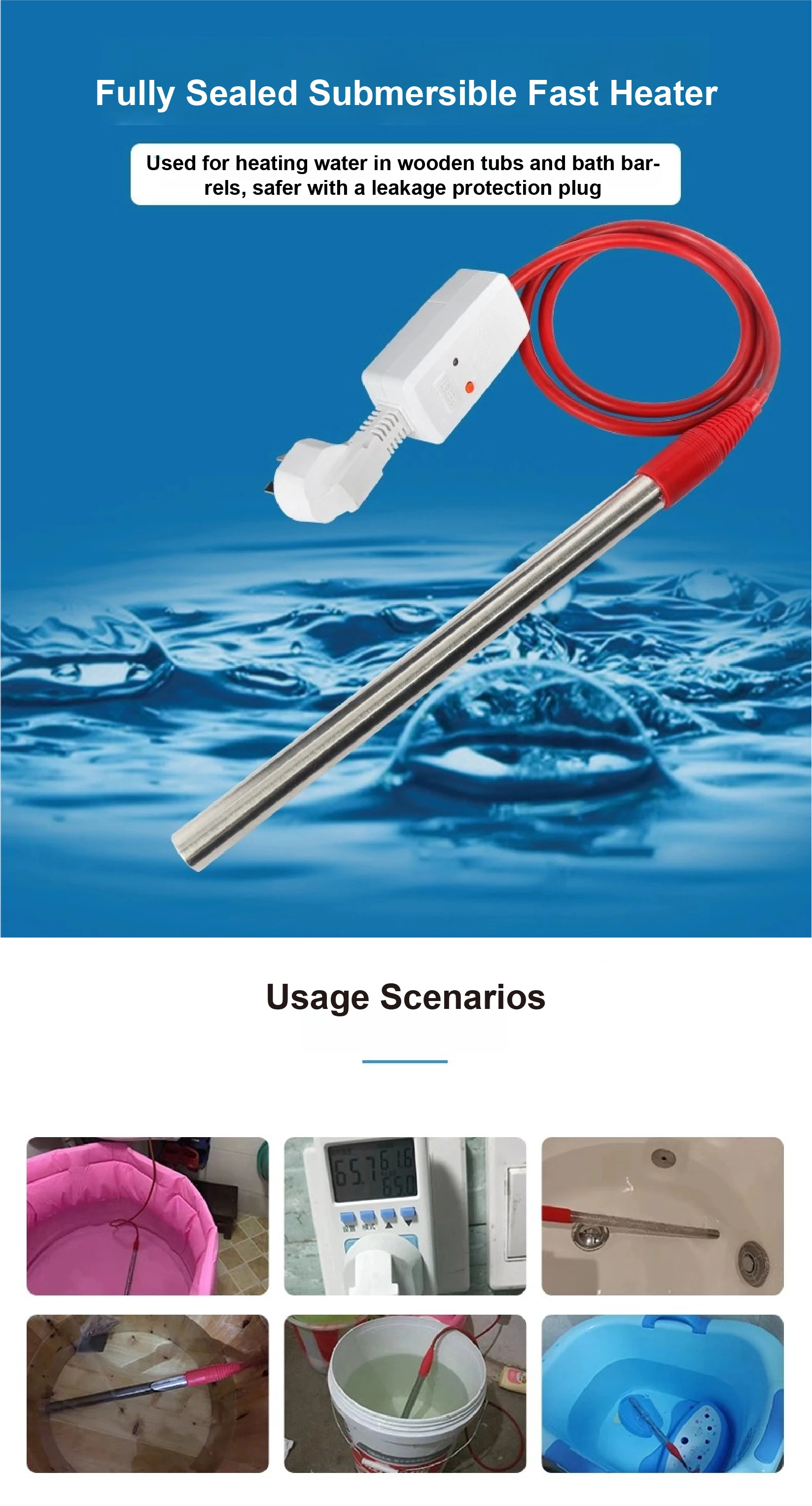 Heavy-Duty 220V Immersion Heating Rod with Thermostatic Safety for Buckets Baths