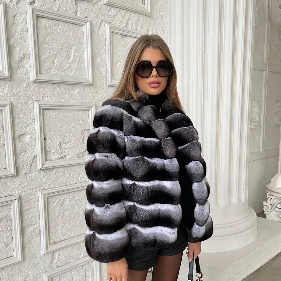 

Women's Chinchilla Fur Coat Rex Rabbit Fur Coat Natural Fur High Quality Warm Women's Jacket With Lapel