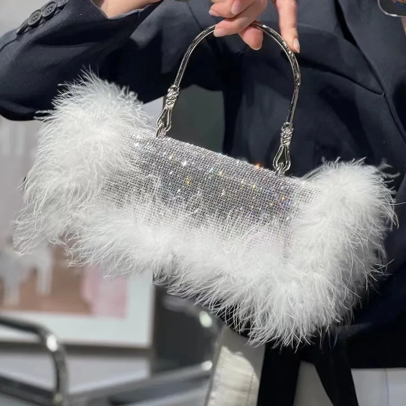 

Fur Rhinestone Bag Female 2023 New Mink Fur Diamond Evening Bag Special-Interest Design Full Diamond Shoulder Messenger Bag
