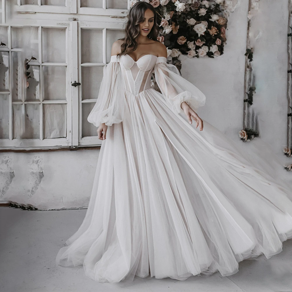 

Bohemian A Line Wedding Dress Puff Sleeve Sweetheart Off The Shoulder Bridal Gown For Women Robe De Soirée De Mariage Split Slit
