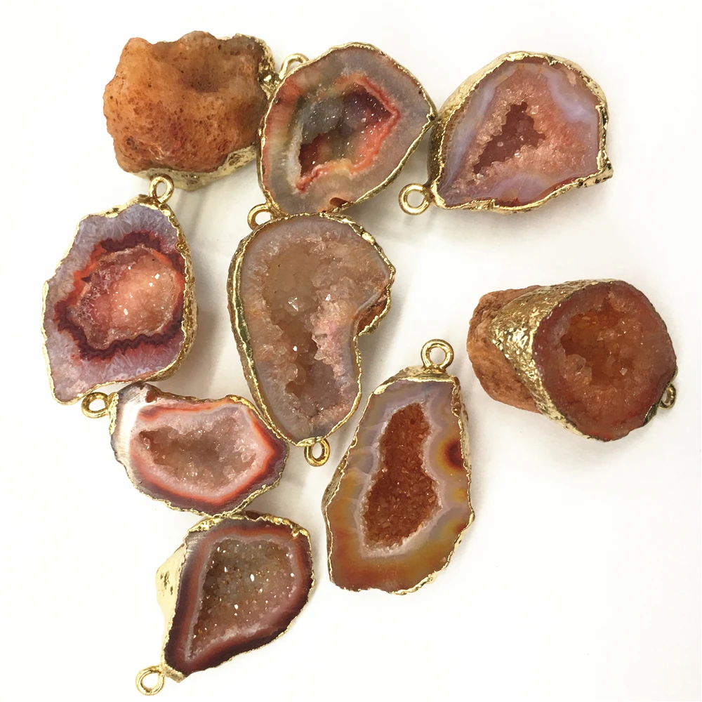

Hot New Natural Stone Reiki Pendants&Necklace Brazilian Electroplated Gold Edged Slice Open Orange Agates Geode Drusy Druzys
