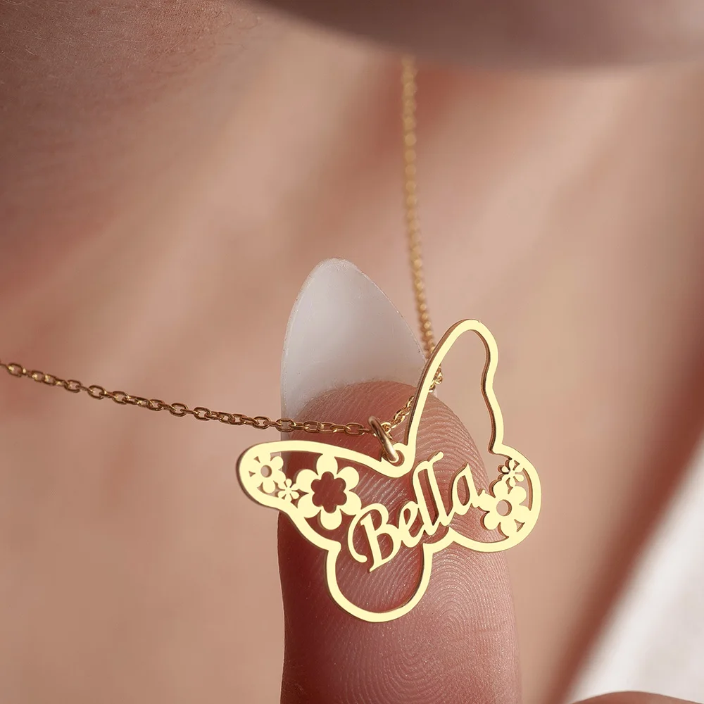 

Custom Butterflies Name Necklace Stainless Steel Golden Color Necklaces for Women Personality Plum Blossom Jewelry Gift