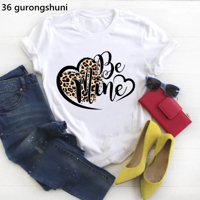 

Be Mine Love Leopard Graphic Print Tshirt Women'S Clothing Summer Tops Tee Shirt Femme Harajuku Kawaii Clothes Streetwear