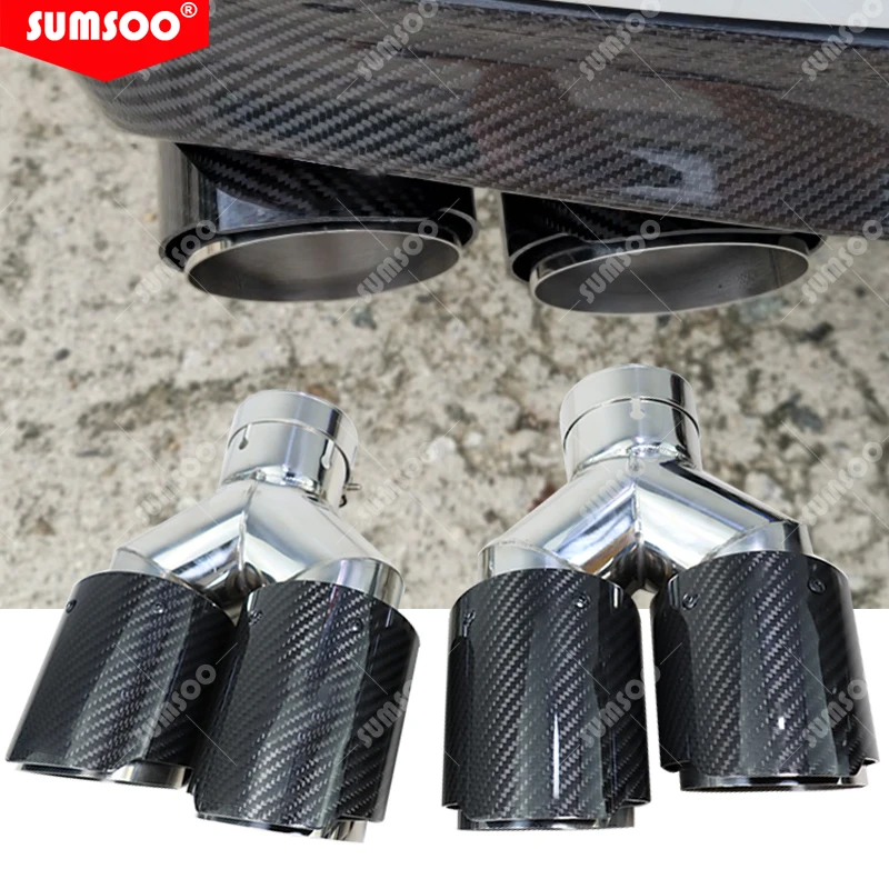 1PCSCarGlossyCarbonFiberMufflerTipYShapeDoubleExitExhaust