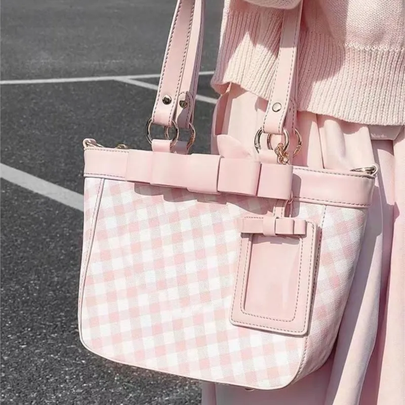 JIAERDI Japanese Sweet Cute Tote Bag Women Anime Merch Plaid Transparent Ita Bag Ladies Campus JK Style Large Capacity Handbag