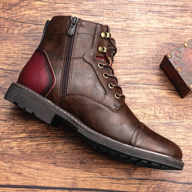 Stylish New Retro High Men's Leather Shoes Dress Business Working Brown Male Boots Lace-up Flat Casual Comfortable Men's Shoes